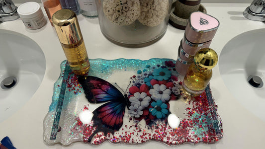 Butterfly Vanity Tray | Decorative Resin Vanity Tray for Bathroom or Desk | Sparkle Butterfly Tray