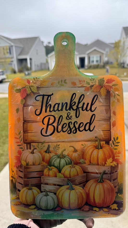 Thankful & Blessed Decorative Cutting Board – 13" x 8" | Fall Kitchen Décor