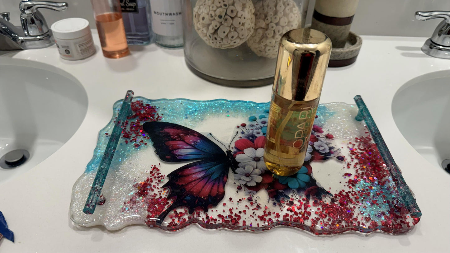 Butterfly Vanity Tray | Decorative Resin Vanity Tray for Bathroom or Desk | Sparkle Butterfly Tray